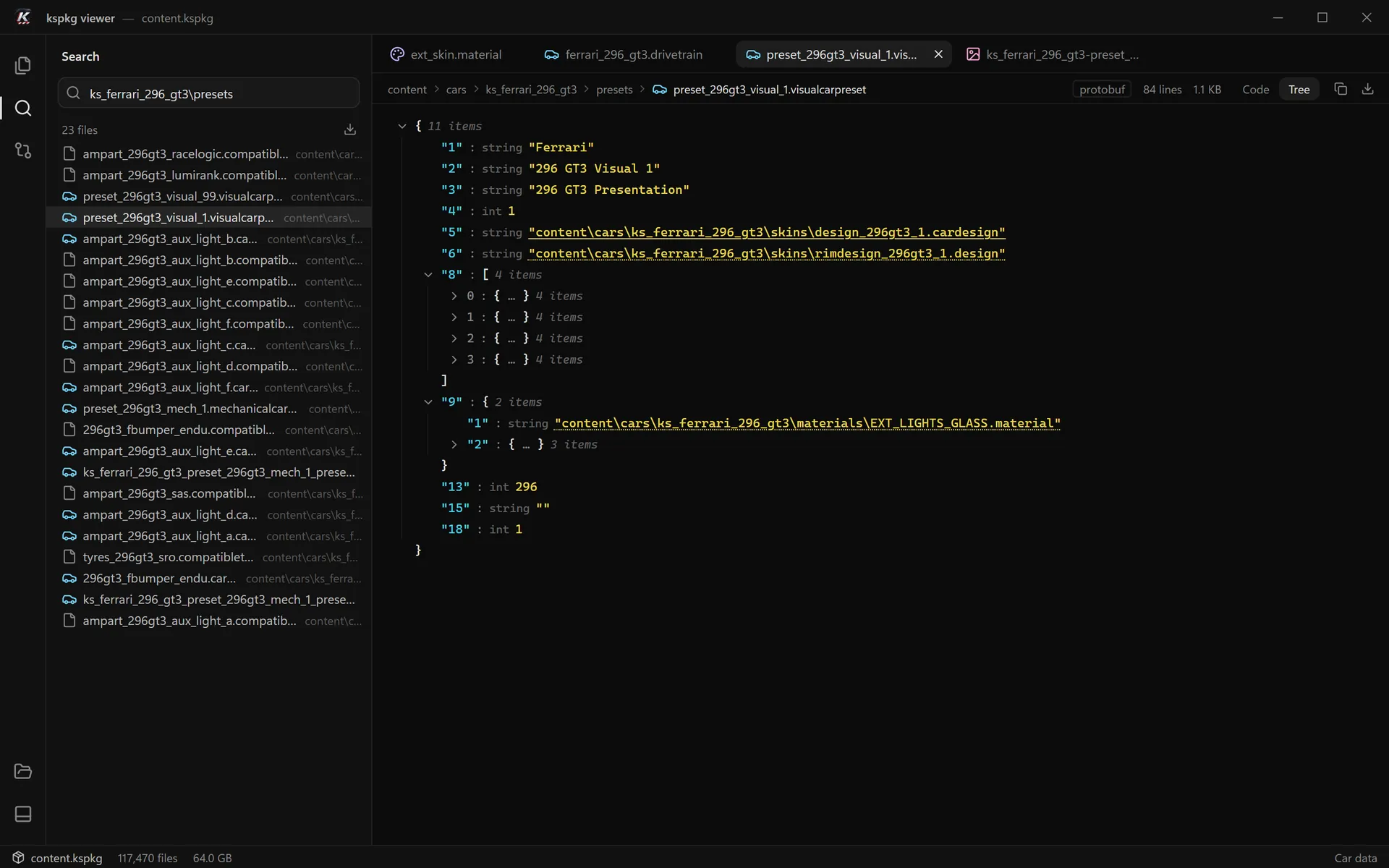 Search results next to a decoded car preset with clickable file paths.