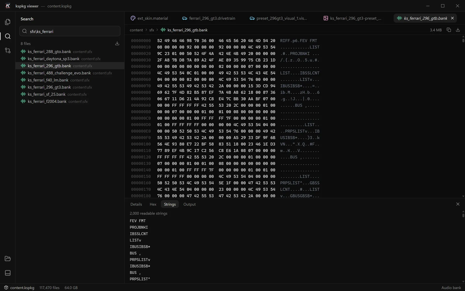 An audio bank in the hex view, with the Strings panel below.
