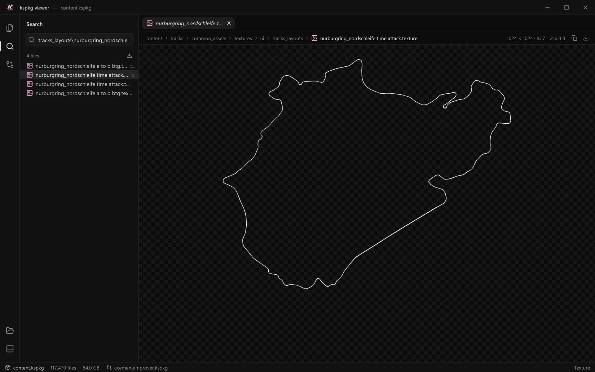 The Nordschleife track map texture on the transparency checkerboard.
